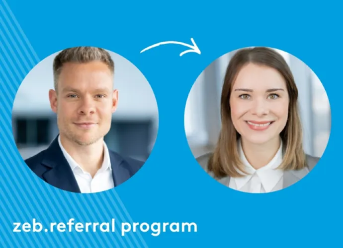 Graphic showing two portrait photos connected by an arrow, with the text ‘zeb.referral program Graphic showing two portrait photos connected by an arrow, with the text ‘zeb.referral program